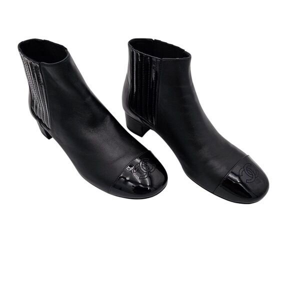 Chanel CC Cap Toe Size 36.5 US 5.5 6 Calfskin Black Leather Ankle Slip On Boots - Picture 1 of 10